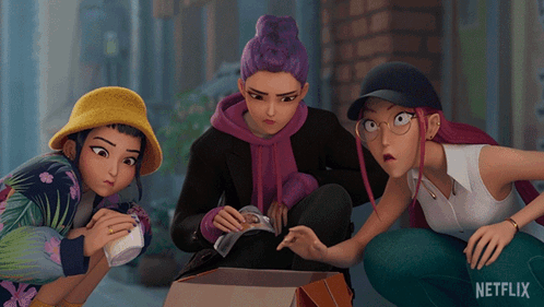 Three Cartoon Characters Looking At A Box With Netflix Written On The Bottom Right GIF