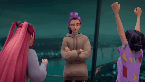 Three Cartoon Characters Making Funny Faces Arms Up