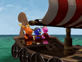 Three Cartoon Characters on a Viking Boat