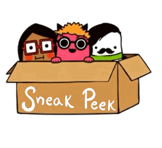 Three Cartoon Characters Peeking from Box with Sneak Peek
