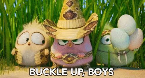 Three Cartoon Characters Saying Buckle Up Boys