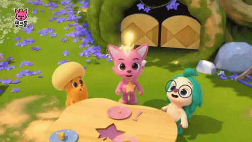 Three Cartoon Characters Sitting At A Table With A Pink Fox Wearing A Crown GIF