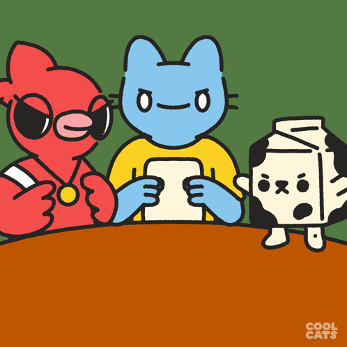 Three Cartoon Characters Sitting At Table GIF