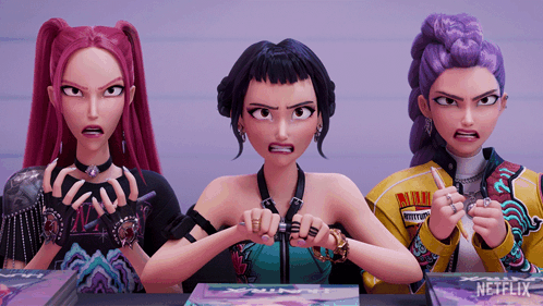 Three Cartoon Characters Sitting In Front Of Netflix Logo GIF
