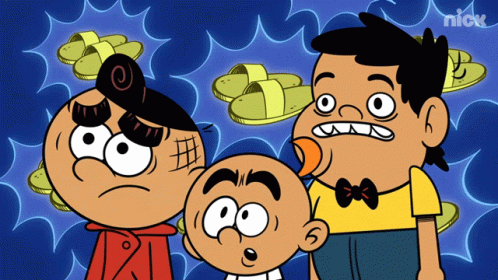 Three Cartoon Characters Standing Next To Each Other With Slippers In The Background And Nick Written On The Bottom GIF