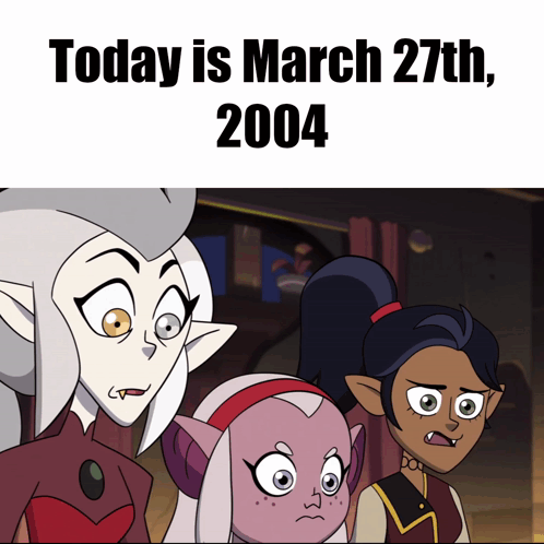 Three Cartoon Characters Standing On March 27 GIF