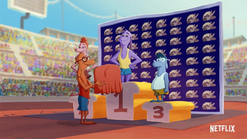 Three Cartoon Characters Standing On A Podium With The Number Three On It GIF