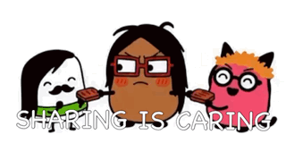 Three Cartoon Characters Standing Saying Sharing Is Caring