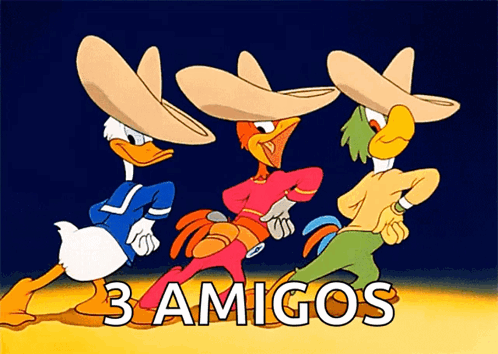 Three Cartoon Characters Wearing Sombrero Hats Are Dancing With The Words 3 Amigos Below Them GIF