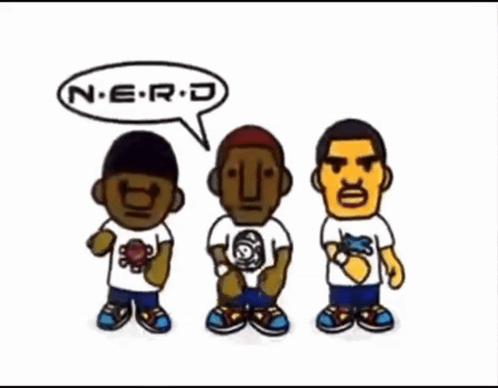 Three Cartoon Characters With A Speech Bubble That Says " Nerd " GIF