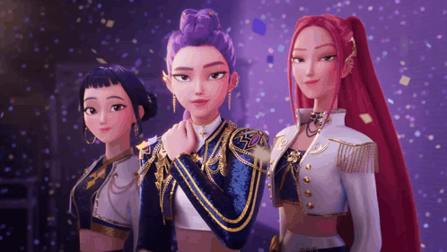 Three Cartoon Characters With Purple and Red Hair