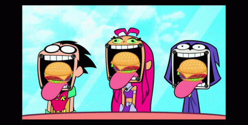 Three Cartoon Characters With Their Mouths Open And Hamburgers In Their Mouths GIF