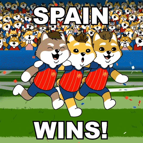 three cartoon dogs are running on a field with the word spain in the background