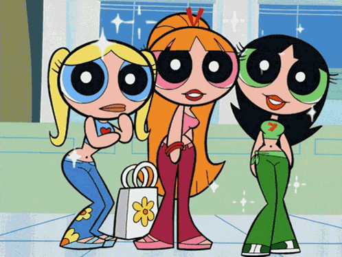 Three Cartoon Girls Are Standing Next To Each Other And One Of Them Has The Number 7 On Her Shirt GIF