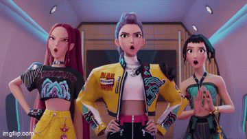 Three Cartoon Girls Are Standing Next To Each Other In A Hallway . GIF