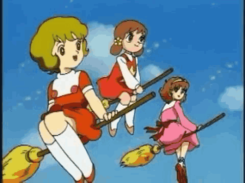 Three Cartoon Girls Flying On Brooms GIF