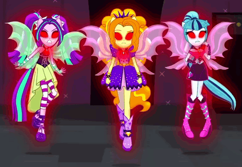 Three Cartoon Girls With Red Eyes And Wings Are Standing Next To Each Other GIF