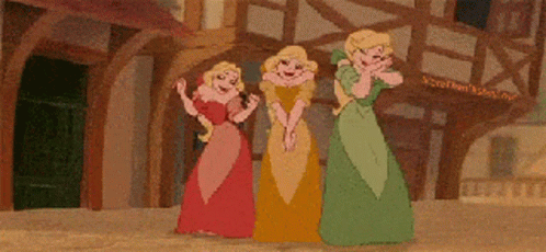 Three Cartoon Princesses Are Standing Next To Each Other GIF
