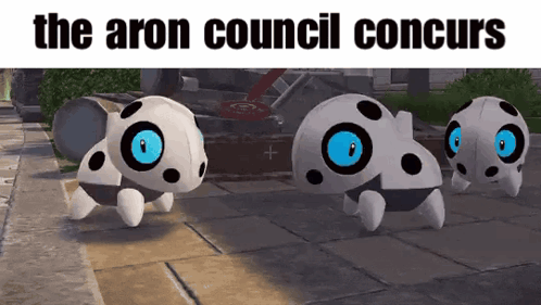 Three Cartoon Turtles With Blue Eyes Are Walking On A Sidewalk With The Caption " The Aron Council Concurs " Above Them GIF