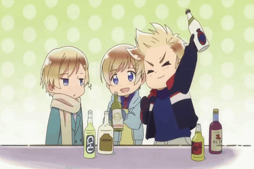 Three Cartoons at Table with Alcohol and Ice Tea