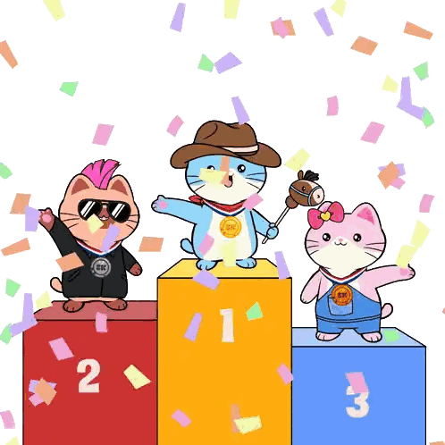 Three Cats On Podium With Confetti