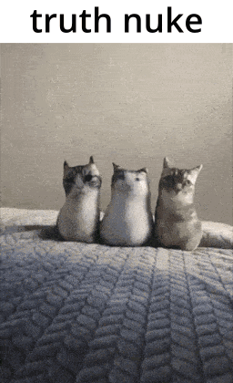 Three Cats Sitting with Truth Nuke Above