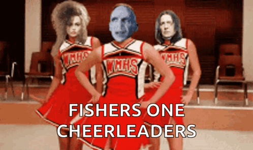 Three Cheerleaders With Fishers One Cheerleaders Written On The Front GIF