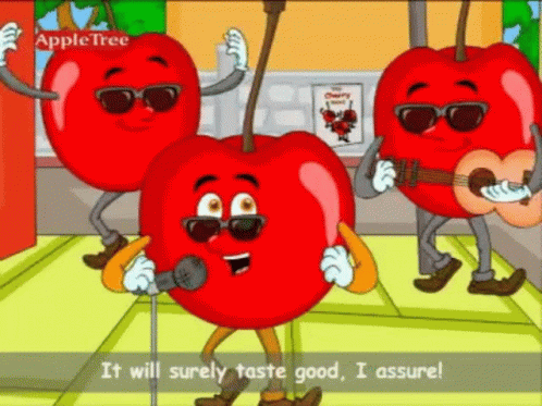 Three Cherries Singing and Playing Guitars Saying It Will Surely Taste Good