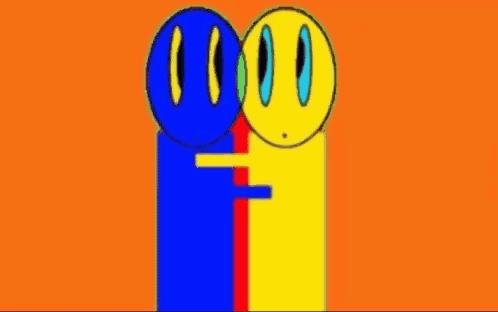 Three Colorful Cartoon Characters Are Standing Next To Each Other . GIF