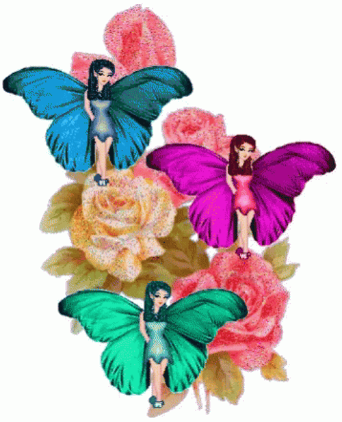 Three Colorful Fairy In Flower Background GIF
