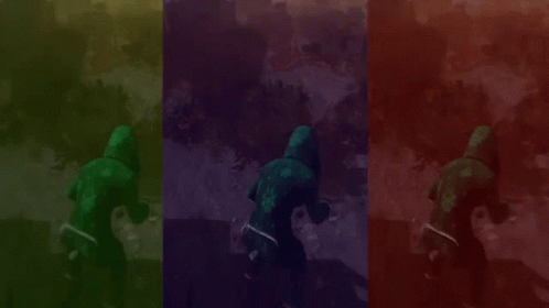 Three Different Colored Backgrounds With A Person In A Green Hoodie In The Middle GIF