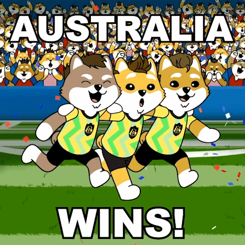 Three Dogs Running on Field Saying Australia Wins