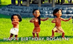 Three Dolls Are Dancing In The Grass With The Words `` Happy Birthday , Rosalyn '' . GIF