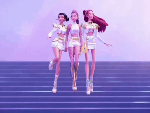 Three Dolls Standing on Stairs Purple Background