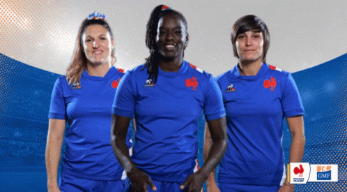 Three Female Athletes Wearing Blue Jerseys With The Gmf Logo On The Bottom GIF