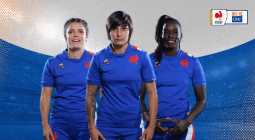 Three Female Rugby Players Are Posing For A Photo With A France Rugby Logo Behind Them GIF