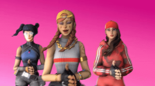 Three Female Video Game Characters Are Standing Next To Each Other On A Pink Background . GIF