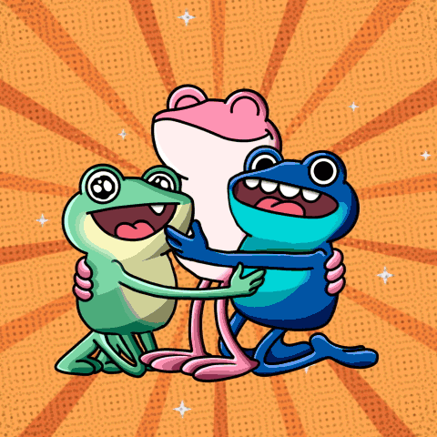Three Frogs Are Hugging Each Other And Smiling On An Orange Background GIF