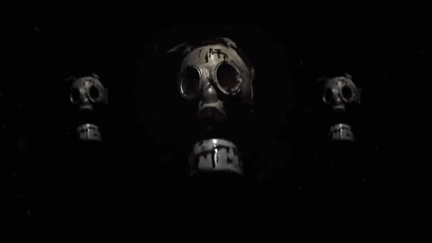 Three Gas Masks Are Sitting Next To Each Other On A Black Background . GIF