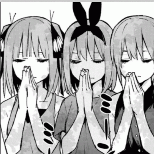 Three Girls Are Praying With Their Eyes Closed In A Black And White Drawing GIF