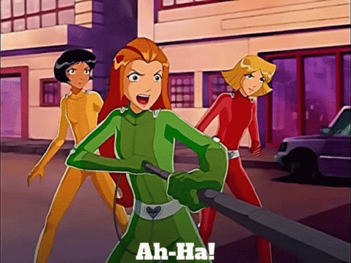 Three Girls From Totally Spies Are Standing Next To Each Other And One Of Them Is Holding A Knife And Says Ah-Ha GIF