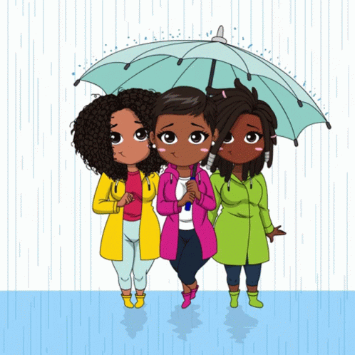 Three Girls Holding Umbrellas in Rain