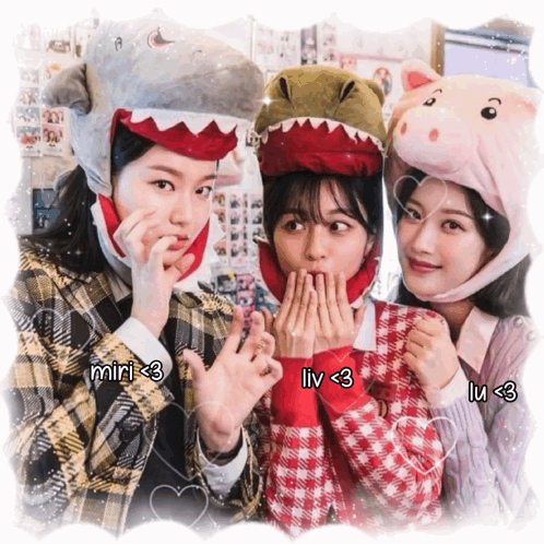 Three Girls Wearing Shark Hats And Pig Hats With Liv < 3 Written On Them GIF