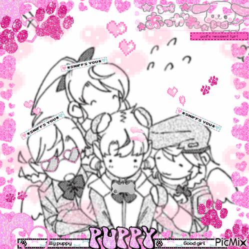 Three Girls with Puppy Text