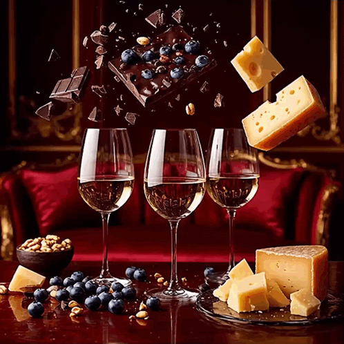 Three Glasses Of Wine Are Surrounded By Cheese And Chocolate GIF