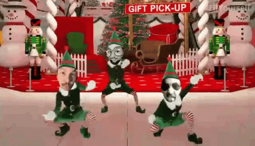 Three Human Head Elf Santa Dancing GIF