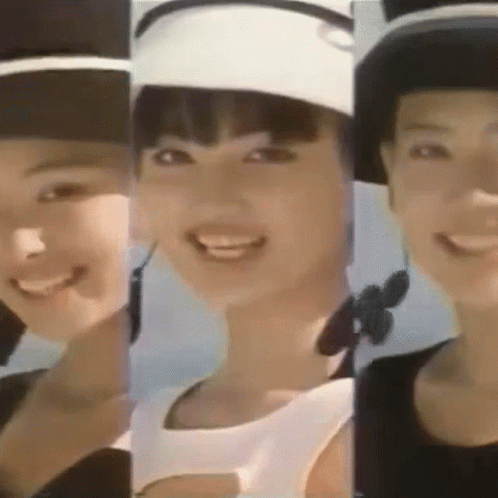 Three Images Of A Woman Wearing A Hat GIF