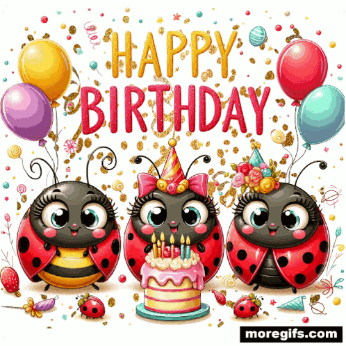 Three Ladybugs Celebrate Birthday With Cake And Balloons GIF