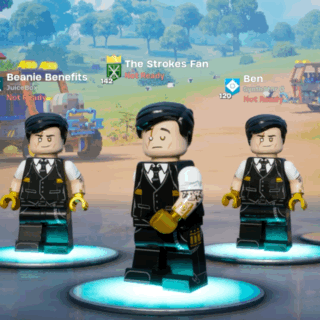 Three Lego Figures Are Standing Next To Each Other In Front Of A Screen That Says Beanie Benefits And The Strokes Fan GIF