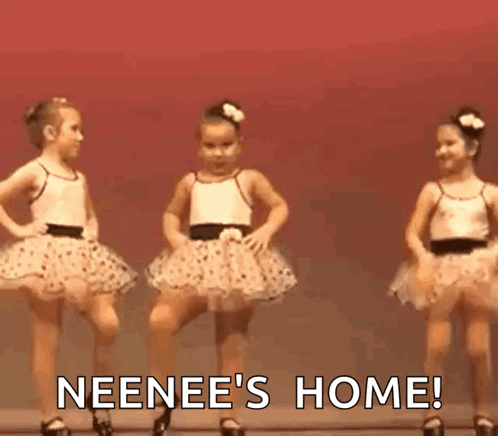 Three Little Girls Are Dancing On A Stage And The Words Neenee 'S Home Are Written On The Bottom GIF
